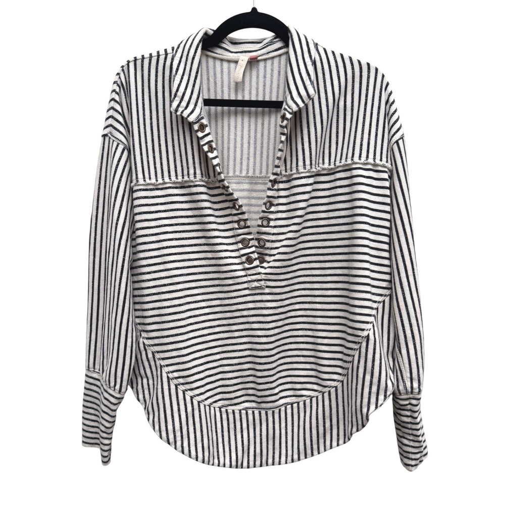 Pilcro Anthropologie Henley Striped Small Black Cream Pullover Casual Top - Picture 2 of 8